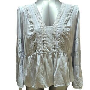 `Cato Womens Eyelet Blouse L White Rayon Boho Peasant Flowy Beach Top`